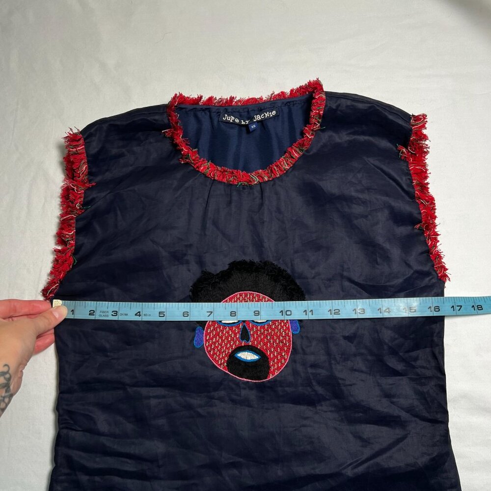 RARE Jupe by Jackie Mask Embroidered Fringe Organza Navy Sleeveless Top XS - Picture 4 of 9